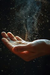 Fototapeta premium A hand is holding a handful of sand, with the sand falling from the hand