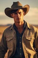 Sexy man embracing the Cowboy Core trend in their everyday lives, whether in rural or urban settings.