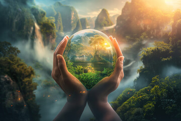 Hands Holding Earth Globe with Nature