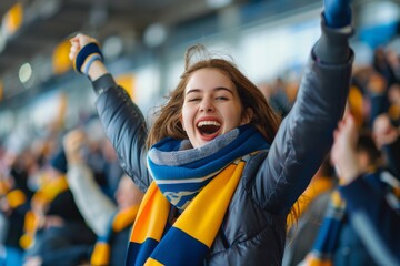 Cheerleader girl in a big stadium in blue yellow clothes cheering for her favorite team in the...