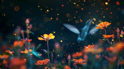 A hummingbird flutters its wings in a magical night setting, surrounded by bright orange flowers and lights
