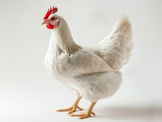 Fototapeta premium A white chicken with red comb stands on a white background