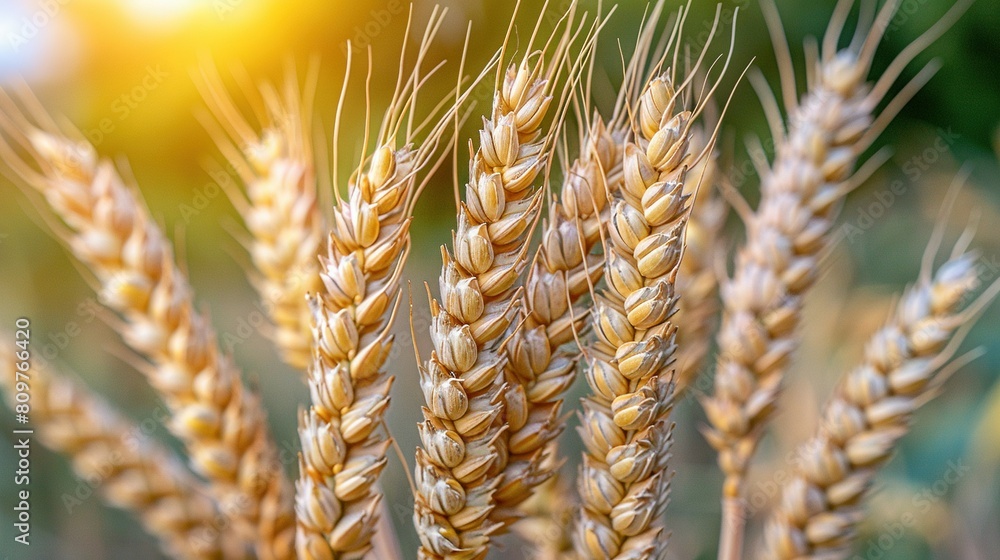 Poster a close-up of a group of wheat ready to be picked from the field with the sun shining in the backgro