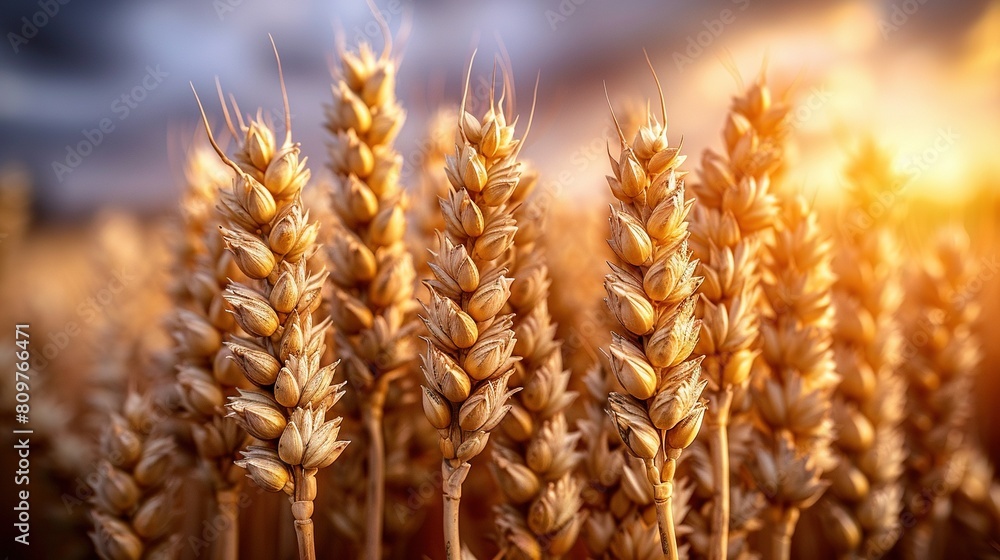 Poster a close-up of several wheat stalks, ready for picking from either side of the field