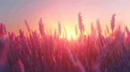 Fototapeta premium A field of tall grass with the sun setting in the background and a pink and blue sky in the foreground
