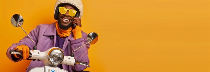 African American man talking on smartphone moped