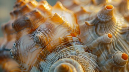 Macro shot highlighting the rich orange hues and complex spiral patterns of a dynamic and exotic seashell, capturing its natural beauty
