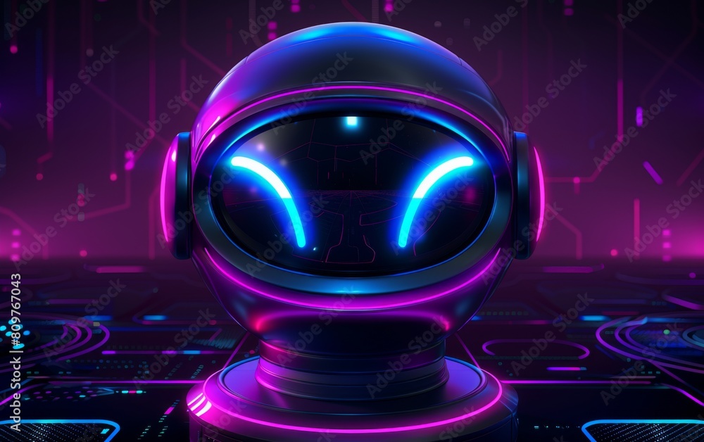Poster a robot head with neon lights on it. the robot is in a room with a purple background