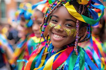 smiling people at the carnival in Manila. The carnival had colorful costumes and floats for the intricate celebration to celebrate the festival of lights