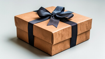 Elegant gift box with black ribbon on a neutral background, perfect for occasions like birthdays or anniversaries. 