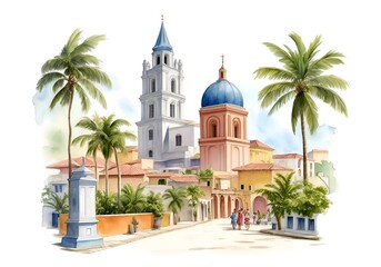 Dominican Republic Country Landscape Watercolor Illustration Art