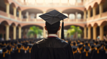A young man wearing a black graduation gown and cap is seen from behind in front of a university hall filled with other students, representing the concept of education.