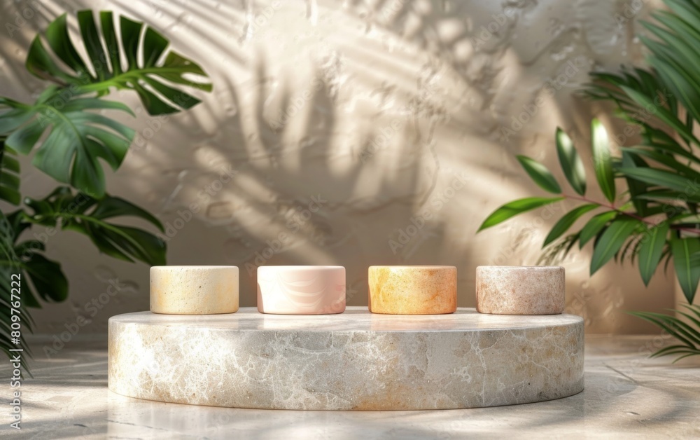 Poster a set of four small bowls are arranged on a pedestal in front of a wall. the bowls are of different 