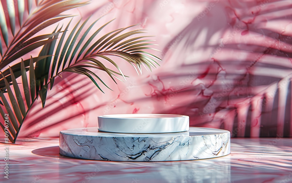 Poster a white marble pedestal with a palm tree in the background. the palm tree casts a shadow on the pede