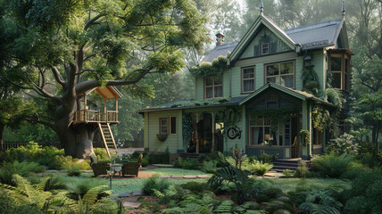 A classic house in a soft shade of fern green, with a treehouse in the backyard and a natural woodland garden.
