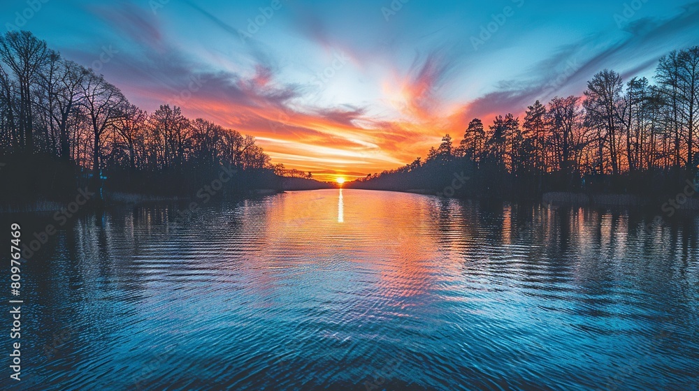 Poster a blue sky with clouds in the background frames the sun setting over a tranquil lake surrounded by t