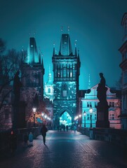 Obraz premium A city street at night with a large blue tower in the background