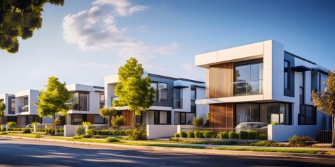 Fototapeta premium Real estate investment banner showcasing a row of newly constructed townhouses with modern architecture and landscaped gardens, against a backdrop of blue skies and fluffy white clouds, enticing poten