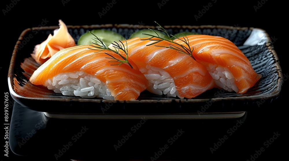 Poster a high-resolution image captures a close-up of sushi on a white plate, surrounded by diced cucumbers