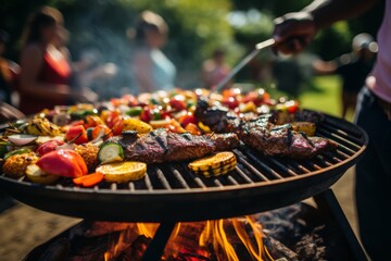 Naklejka premium The Summer food takes center stage as people of all backgrounds use a barbecue to grill meat and plant-based alternatives, showcasing diverse culinary traditions
