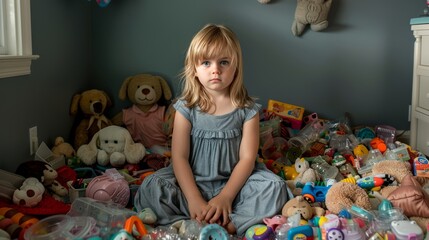 Fototapeta premium Sad Little Girl Surrounded by Clutter of Toys in Room. Generative ai