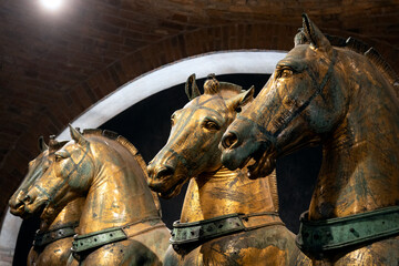 Heads of statues of Horses of Saint Mark inside St Mark's Basilica in Venice, Italy