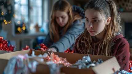 Young Girls Sorting Christmas Decorations in Festive Home Setting. Generative ai