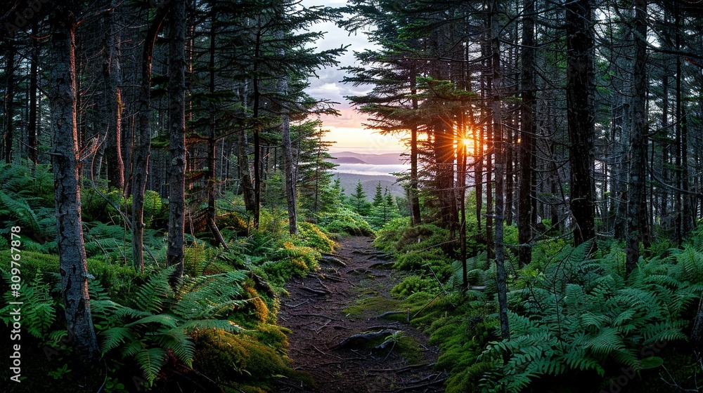 Poster a trail in a forest, illuminated by sunlight filtering through the tree canopy on the opposite side 