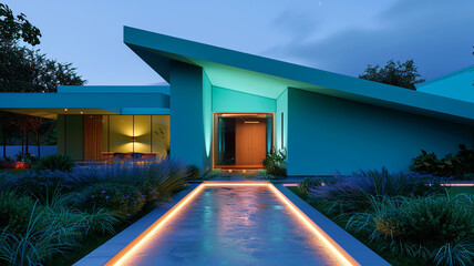 A classic house in a vibrant shade of electric blue, with an angular, modern design and an illuminated walkway leading to the entrance.