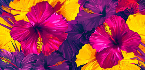 Bold and vibrant abstract with magenta and yellow tropical flowers.