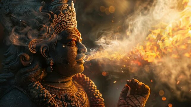 a statue that emits fire from its mouth which is very amazing. seamless looping time-lapse virtual 4k video Animation Background.