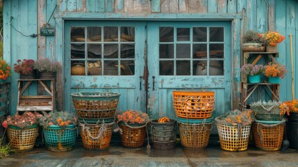 coastal fishing industry, common sight at coastal fishing villages: blue crab, clam, and lobster traps stacked outside seaside seafood shacks - Powered by Adobe