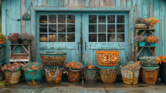 coastal fishing industry, common sight at coastal fishing villages: blue crab, clam, and lobster traps stacked outside seaside seafood shacks