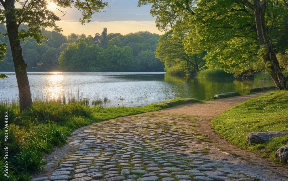 Poster a path leads to a lake with a view of the water. the path is made of cobblestones and is surrounded 