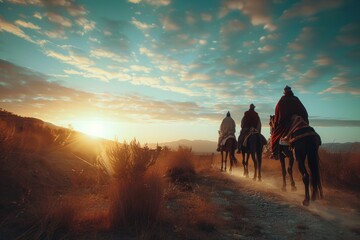 Three men riding horses on a dirt road with a beautiful sunset in the background