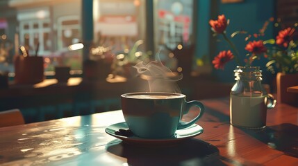 Tranquil atmosphere featuring a steaming cup of coffee and room for customization