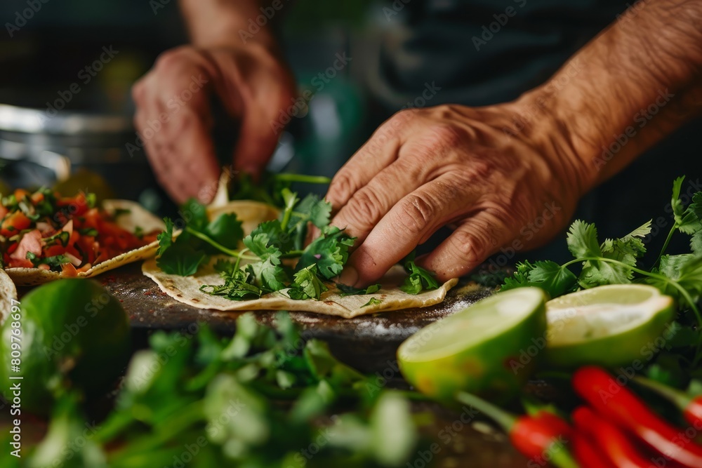 Wall mural Close-up of hands assembling tacos on a table with cilantro, limes, and other fresh ingredients - Wall murals