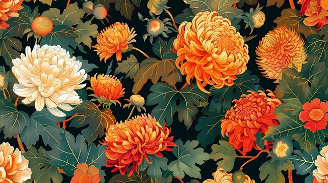 Elaborate chrysanthemum pattern on a dark backdrop