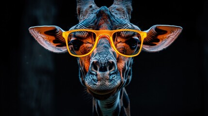   A giraffe wearing yellow glasses with its tongue sticking out