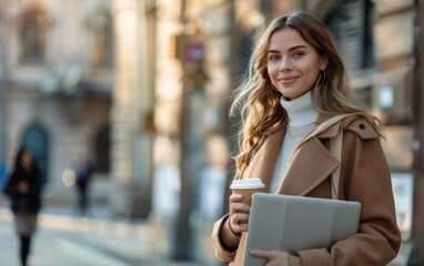 Fototapeta premium A woman wearing a brown coat and holding a laptop and a cup of coffee. She is smiling and she is enjoying her day