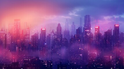 A cityscape with a purple sky and a city skyline. The city is lit up with lights and the sky is...