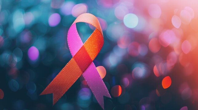 A pink ribbon with a red stripe is displayed on a blue background