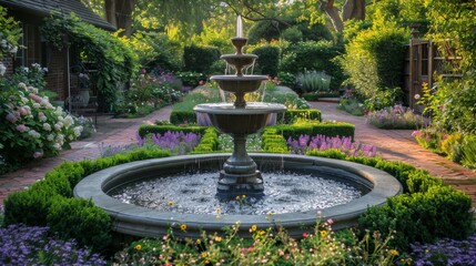 home garden retreat, a peaceful garden oasis featuring a bubbling fountain surrounded by beautiful flower beds and well-kept hedges, offering tranquility in your backyard