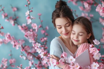 Fototapeta premium A woman and a young girl are hugging and the girl is holding a book. Concept of warmth and love between the two, as well as the importance of reading and learning
