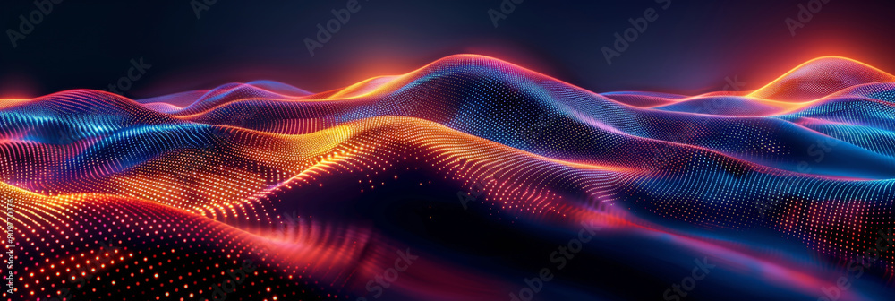 Poster abstract colorful neon light wavy background,3d abstract dots representing digital binary data. conc