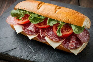 Italian antipasto sandwich with salami, provolone and tomatoes