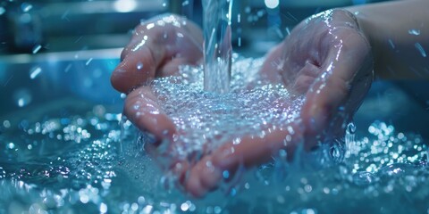 A hand is holding a faucet and water is pouring out