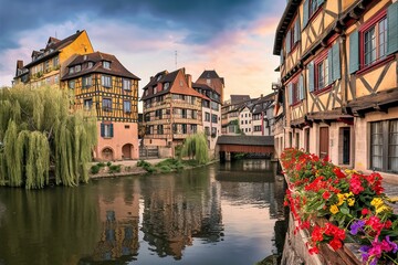Naklejka premium Picturesque district Petite France in Strasbourg, houses on river
