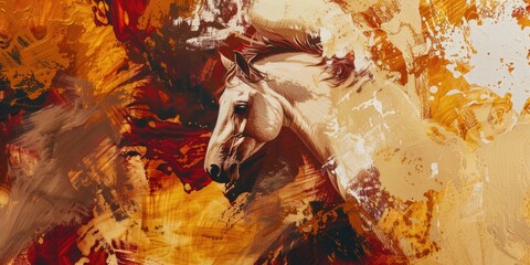 A painting of a horse with a brown mane and a white body