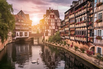 Obraz premium Picturesque district Petite France in Strasbourg, houses on river